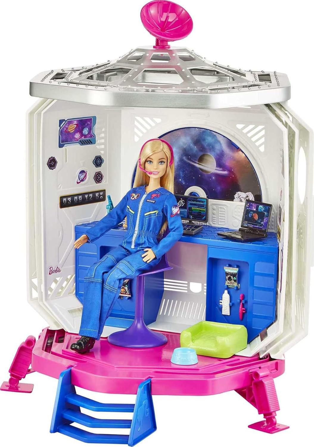 Barbie GXF27 - Stazione Spaziale Avventura spaziale, bambola spaziale, cucciolo, postazione di lavoro, scene spaziali, 20 accessori, giocattolo regalo per bambini dai 3 anni in su