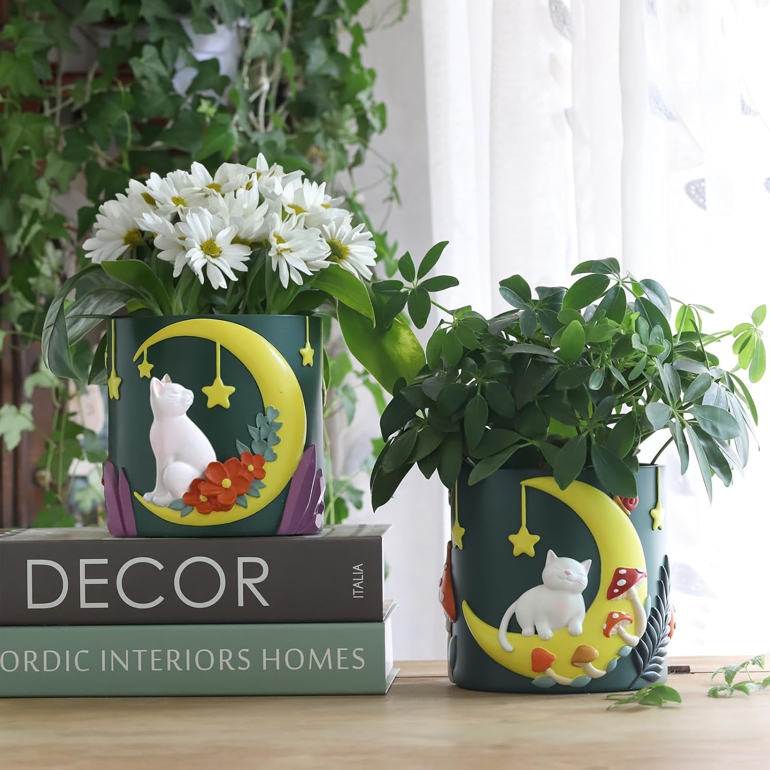 GUGUGO Simpatico vaso da fiori per gatti lunari, vaso da fiori unico con drenaggio, colori arcobaleno, piccoli vasi per piante d'appartamento, divertenti vasi da giardino per piante grasse, regalo, decorazione per la casa (C)