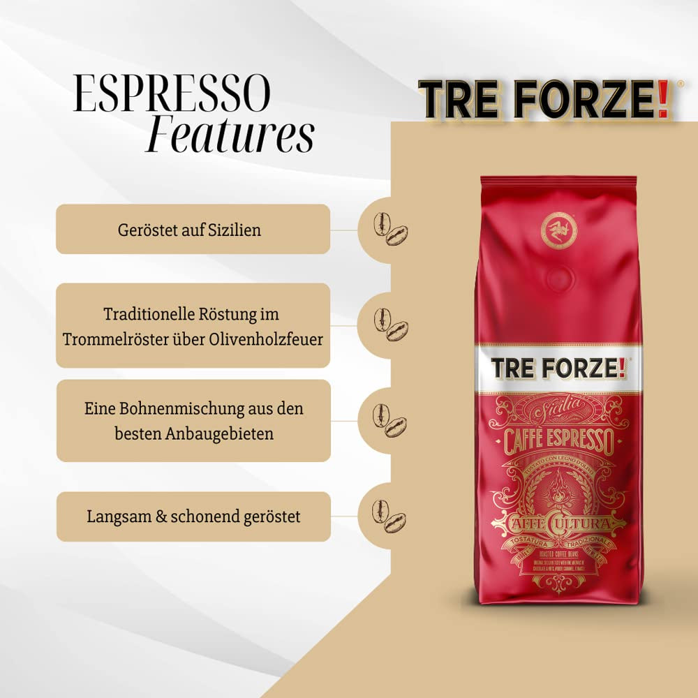 Espresso Caffè - Chicchi di caffè espresso - Tostato tradizionalmente su fuoco di legna d'ulivo, fatto a mano in Sicilia - Chicchi di caffè premium 250 g per macchine da caffè completamente automatiche e macchine portafiltro