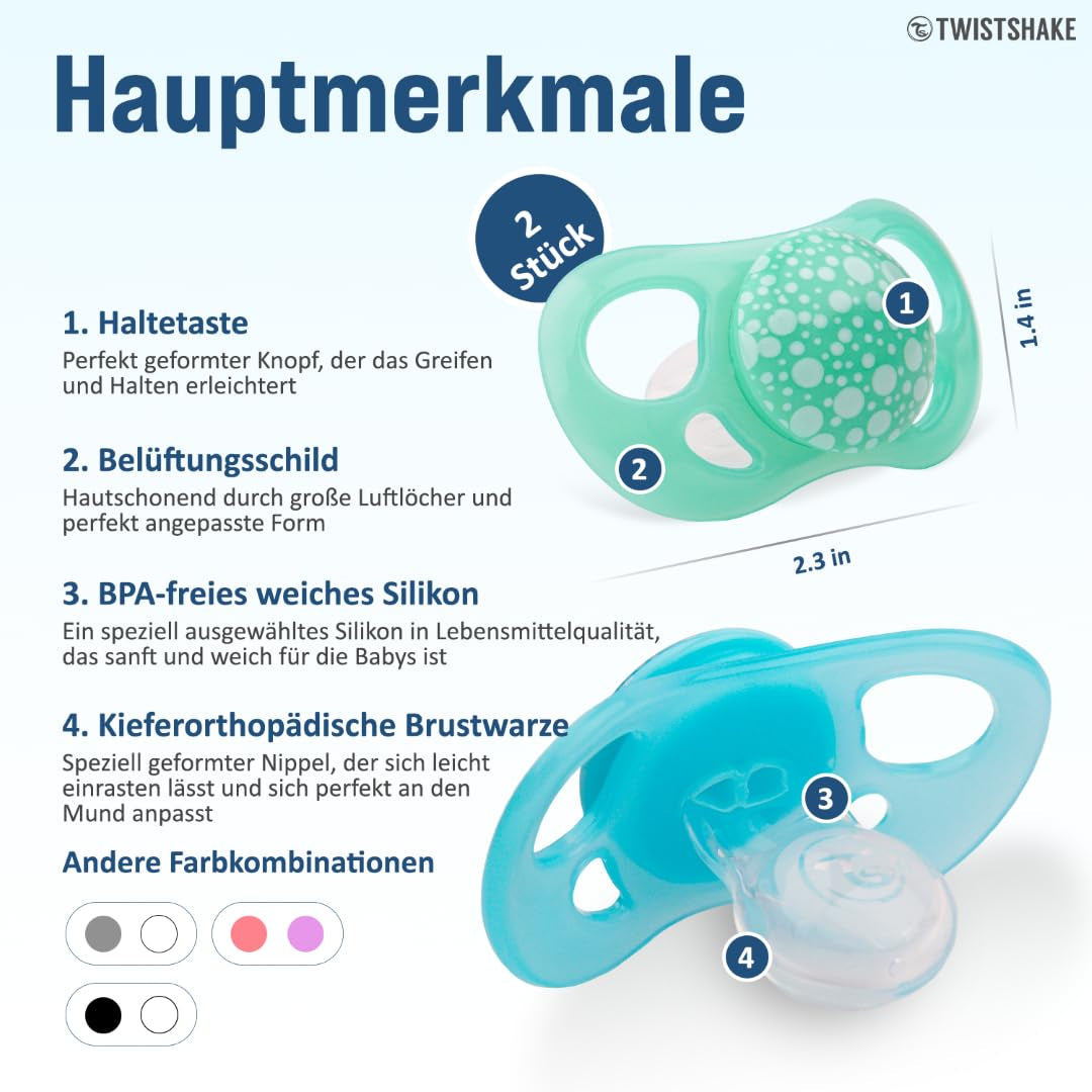 Ciucci per bambini Twistshake – Confezione da 2 | Forma ortodontica | Ultraleggero | Tettarella in morbido silicone | Senza BPA | Adatto a bambini dai 6 mesi | Blu Verde