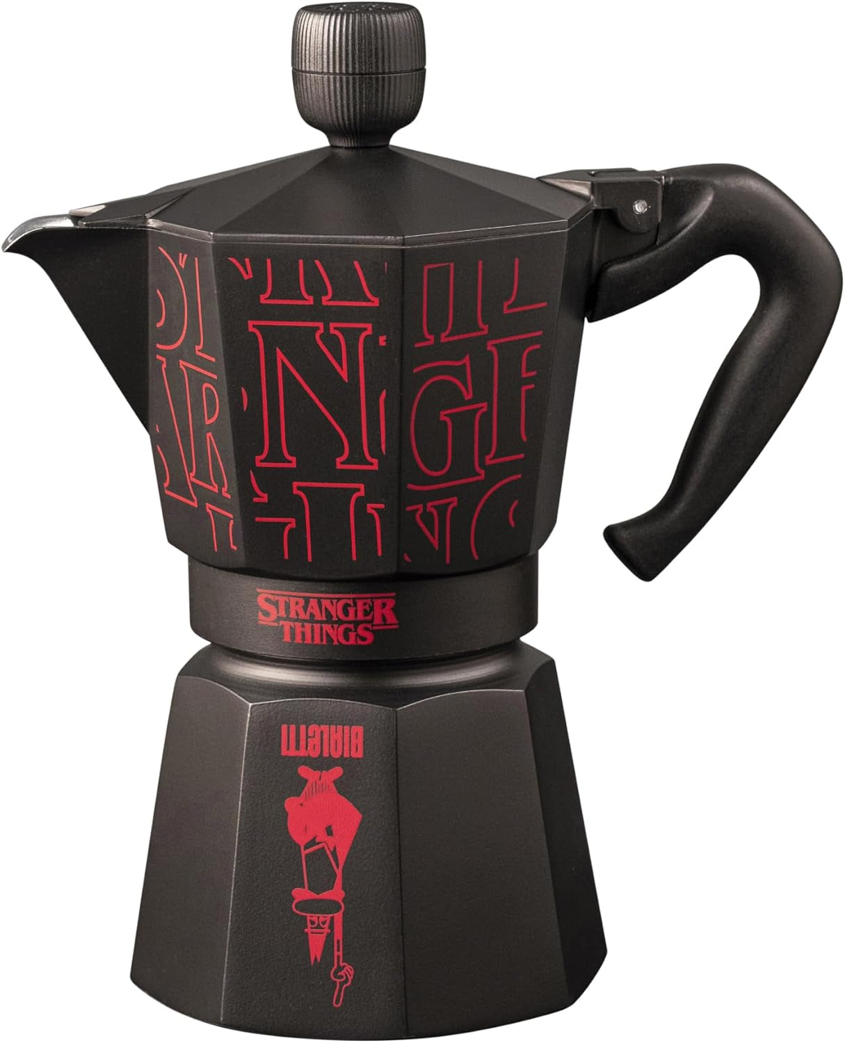 Bialetti Moka Express Stranger Things Caffettiera da 6 tazze, Tasto Musica con Funzione di Ricarica USB-C, Non Adatta ai Piani di Cottura a Induzione, 6 Tazze (270ml), Nero