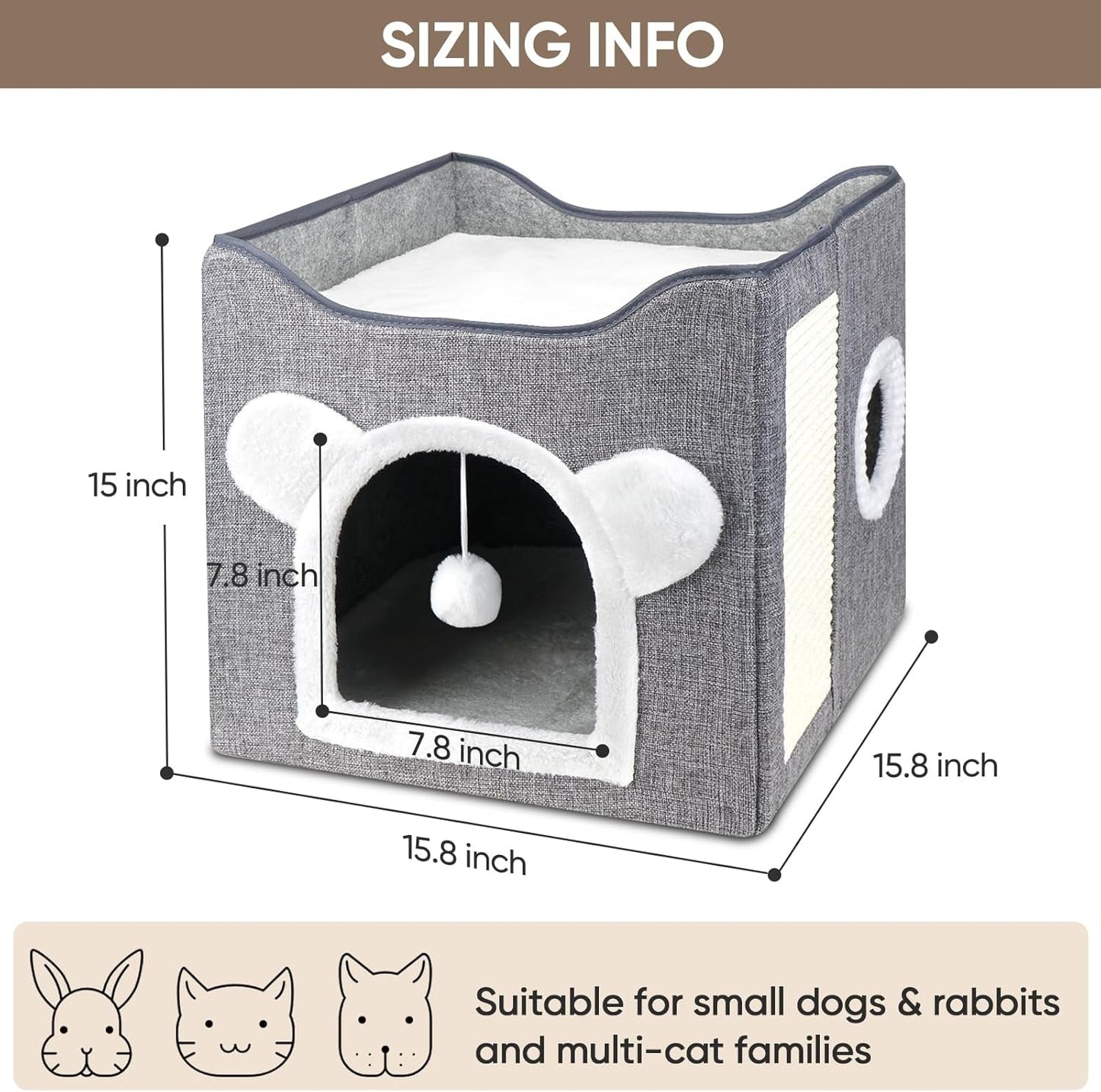 Katzenbetten für Indoor Katzen, Faltbares Katzenhaus, Katzenhöhle 2 Schicht Würfel Großer Raum Katzenbett mit Kratzbrett und Spielball, 15.8 x 15.8 x 15 pollici