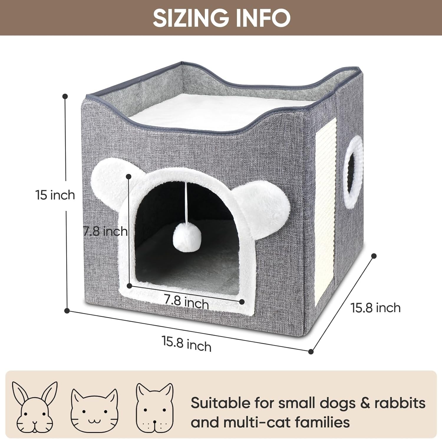 Katzenbetten für Indoor Katzen, Faltbares Katzenhaus, Katzenhöhle 2 Schicht Würfel Großer Raum Katzenbett mit Kratzbrett und Spielball, 15.8 x 15.8 x 15 pollici
