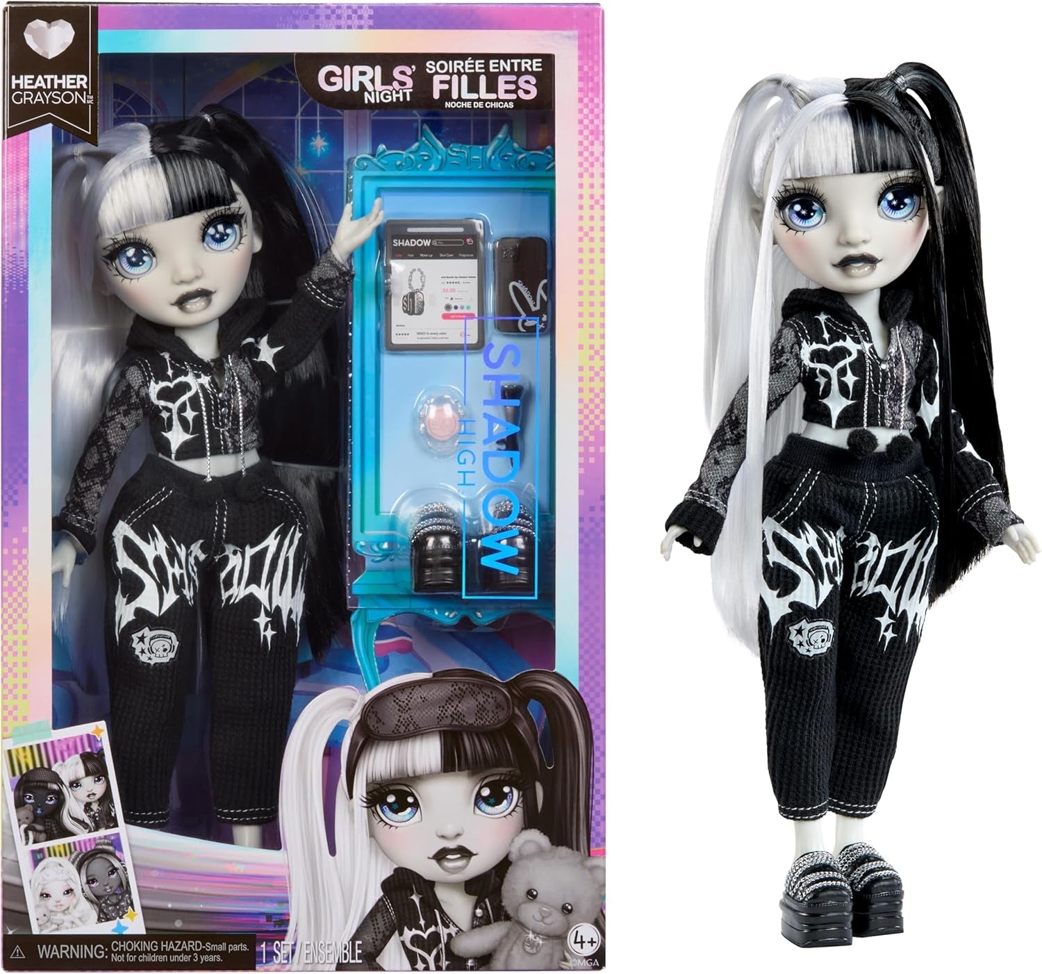Girls Night Rainbow High Shadow High - Heather Grayson - bambola fashion da 28 cm nei toni del grigio, capelli bianchi e neri e vestito con accessori e pettine - Per collezionisti e bambini dai 6 anni in su