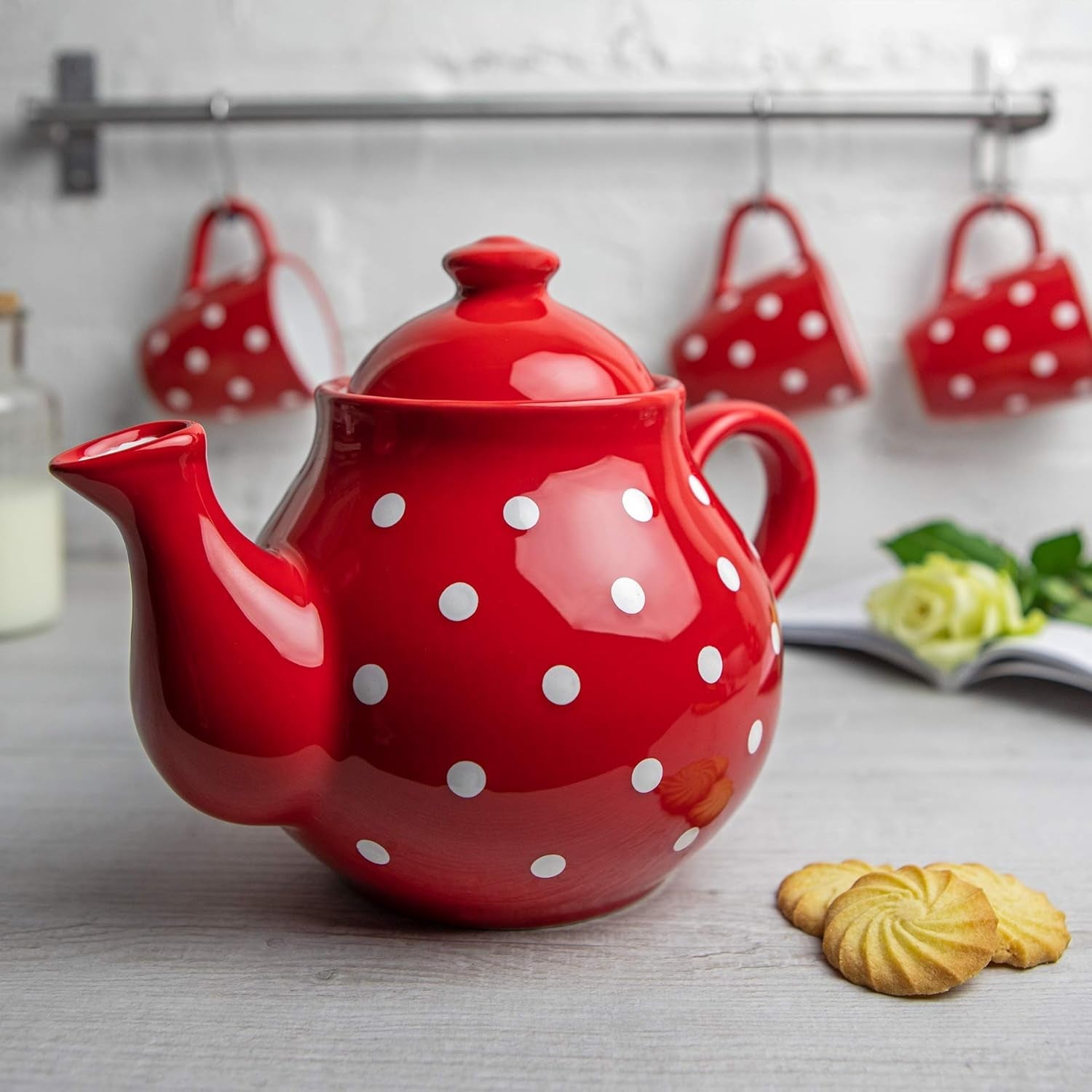 City to Cottage® - Set da tè grande | Rosso e bianco | Punti | Fatto a mano | Teiera in ceramica 1,7 litri, lattiera, zuccheriera