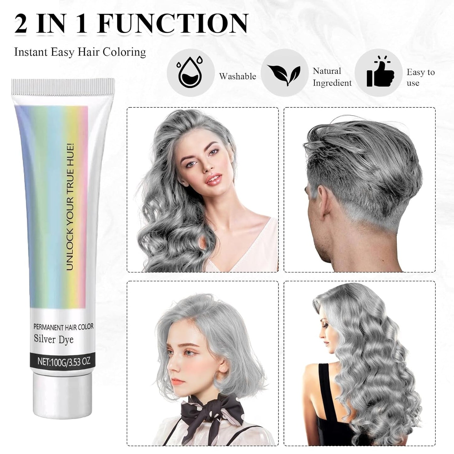 Tintura per capelli Grigio Argento Crema Colorante Per Capelli Grigio Argento Naturale, Crema Colorante Per Capelli Grigio Grigio Argento, Crema Colorante Per Capelli Naturale Grigio Argento Tinta Per Capelli Grigia per tutti i tipi di capelli con 1 Massaggiatore Del Cuoio Capelluto (100ml) Tinture per capelli Naty Shop