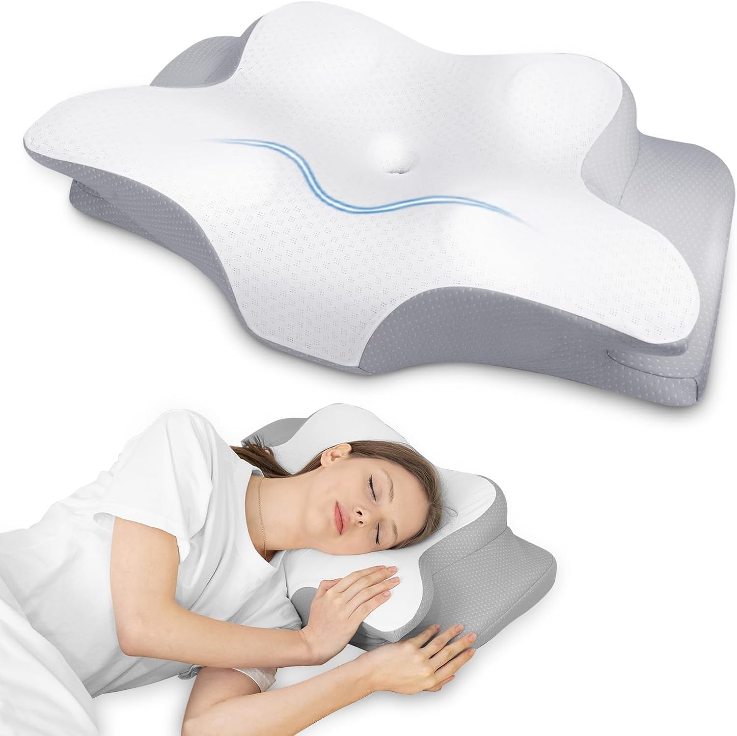HOMCA Cuscino Collo, Cuscino ergonomico in Memory Foam Fodera per cuscino rinfrescante 3D per posizione supina, laterale o prona, 62 X 41 X 9,5/12,5 cm Cuscini ortopedici cervicali Naty Shop Grigio