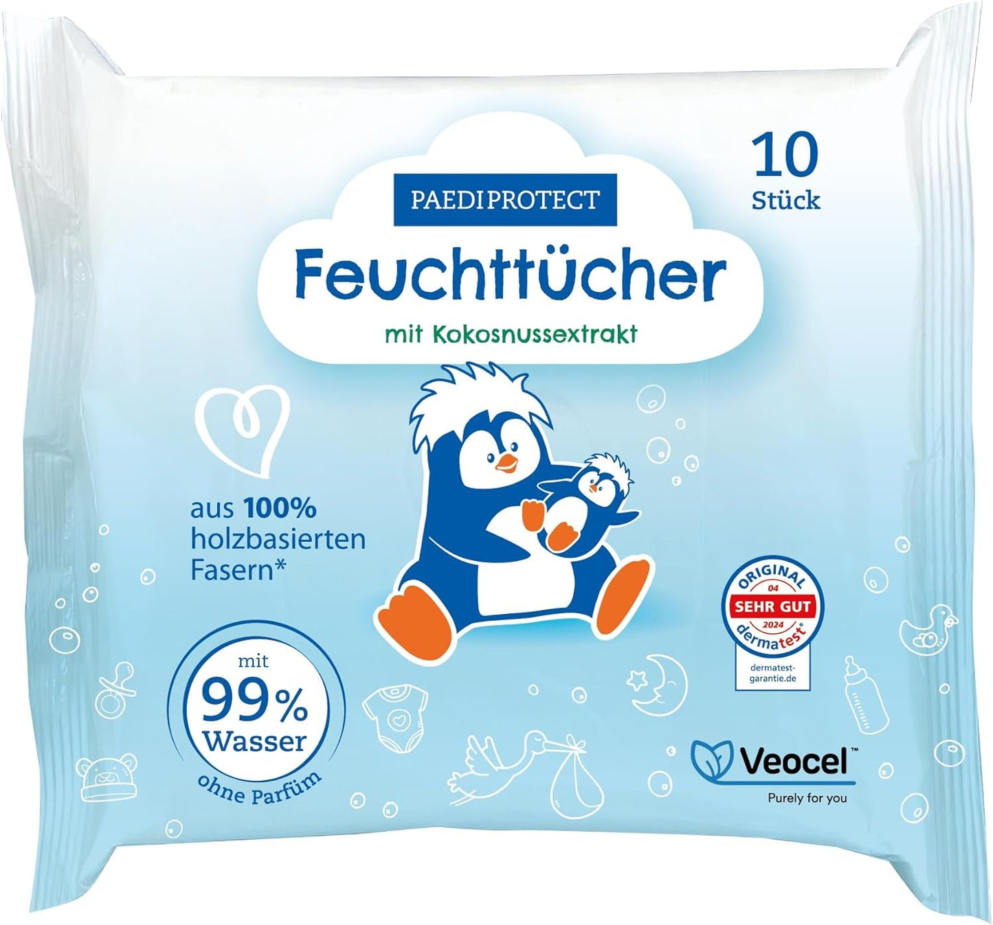 Salviette umide PAEDIPROTECT 1 x 10 pezzi, salviette umide per bambini sensibili con acqua al 99% d'acqua, senza profumo, per pelle delicata di neonati e bambini, con estratto di cocco, senza microplastiche, vegane (confezione da 5)
