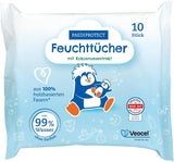Salviette umide PAEDIPROTECT 1 x 10 pezzi, salviette umide per bambini sensibili con acqua al 99% d'acqua, senza profumo, per pelle delicata di neonati e bambini, con estratto di cocco, senza microplastiche, vegane (confezione da 5)