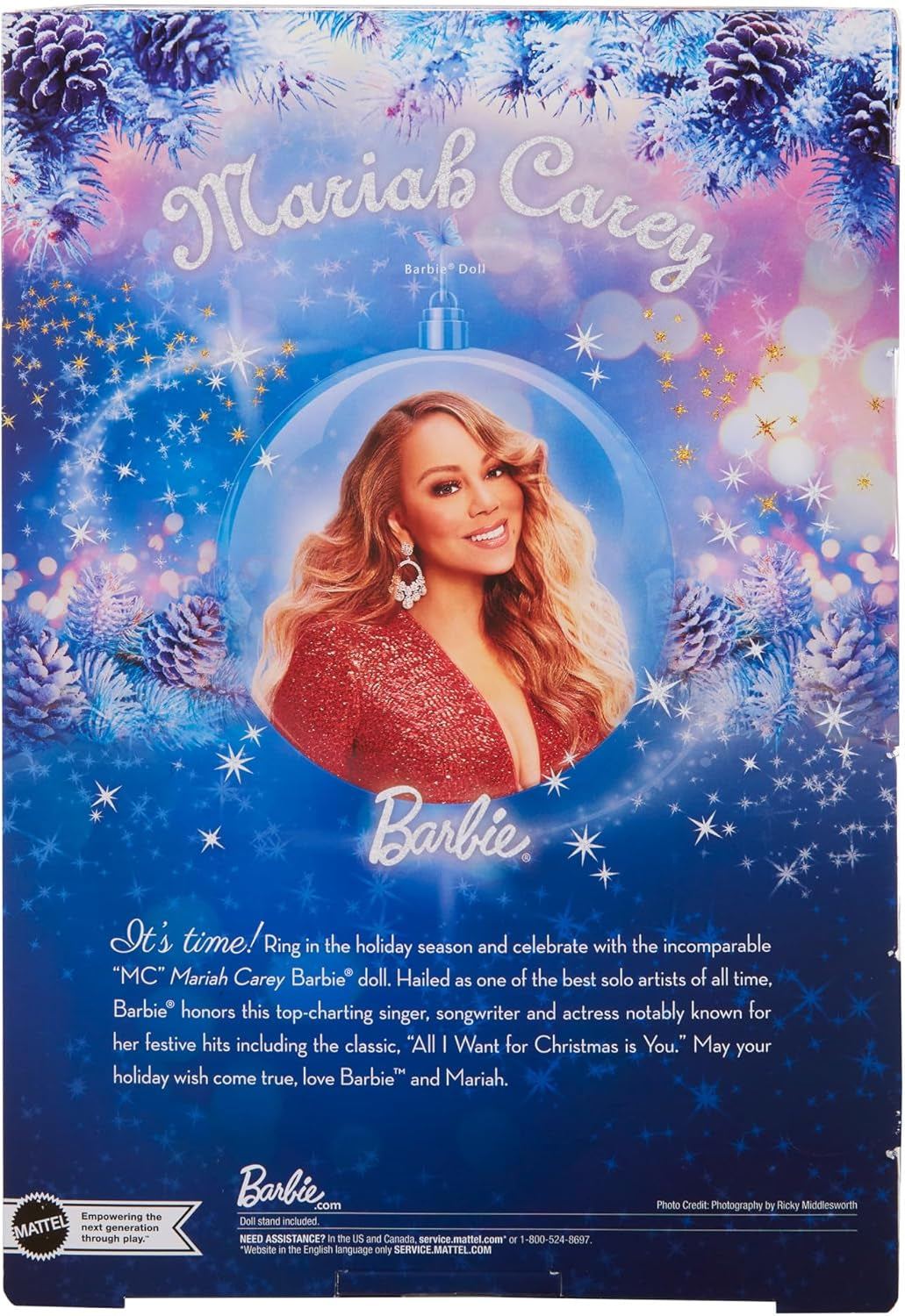 Barbie Mariah Carey - Bambola da collezione con vestito rosso scintillante, volant, spacco, riccioli affascinanti, accessori argento, tacchi alti rossi, tradizione natalizia, decorazione, HJX17