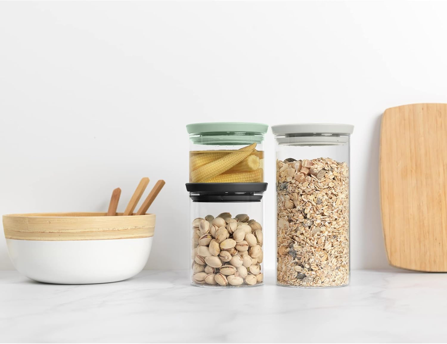 Brabantia - Contenitore in Vetro Impilabile con Coperchio - Set da 3 - Conservazione degli Alimenti - Mantiene il Cibo Fresco più a lungo - Guarnizione in Silicone - Lavabile in Lavastoviglie - Grigio Scuro/Grigio Chiaro/Verde Giada - Contenitori per Alimenti da 0,3 L/0,6 L/1,1 L Naty Shop