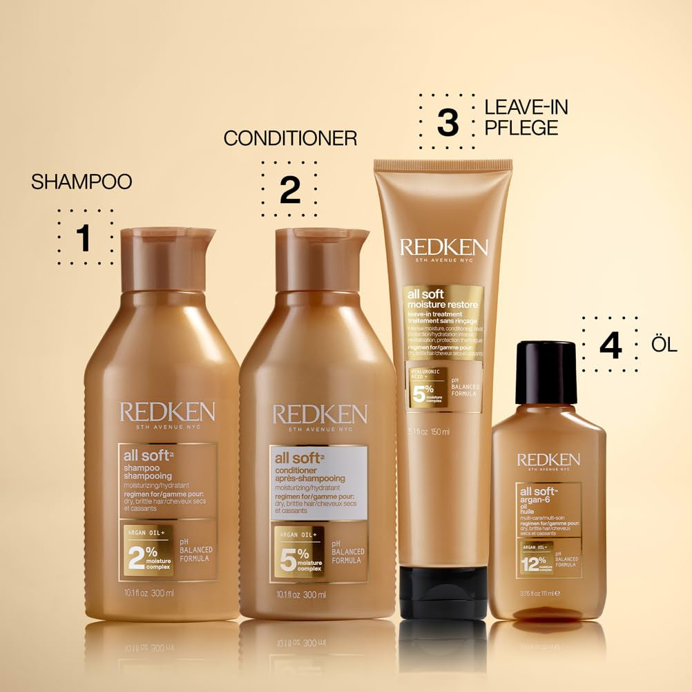 Maschera per capelli Redken con acido ialuronico per capelli secchi, anticrespo e protezione dal calore fino a 230°C, maschera senza risciacquo All Soft Moisture Restore, 1 maschera per capelli Naty Shop da 150 ml