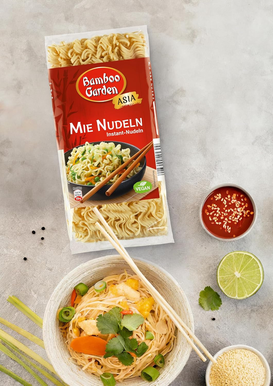 Giardino di bambù - Mie Noodles | Noodles istantanei per la cucina asiatica | Ideale per piatti wok o zuppe Vegani | Busta da 250 g