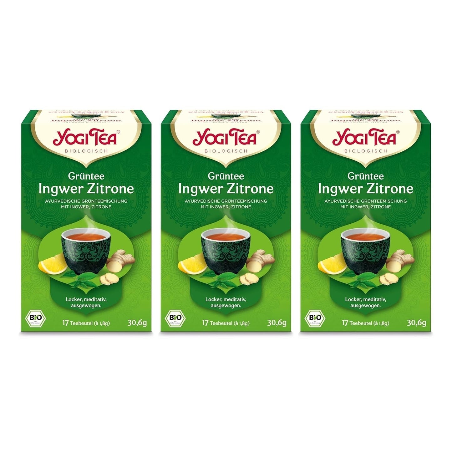 Yogi Tea - Tè verde con zenzero e limone, Tè ayurvedico biologico con spezie ed erbe aromatiche, Miscela di tè verde, zenzero e limone, Confezione da 3 tè Yogi, 3x17 bustine di tè (51 bustine di tè in totale), Ideale come regalo