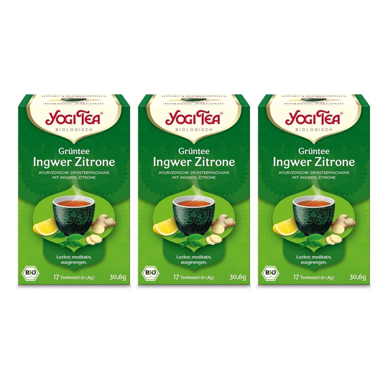 Yogi Tea - Tè verde con zenzero e limone, Tè ayurvedico biologico con spezie ed erbe aromatiche, Miscela di tè verde, zenzero e limone, Confezione da 3 tè Yogi, 3x17 bustine di tè (51 bustine di tè in totale), Ideale come regalo