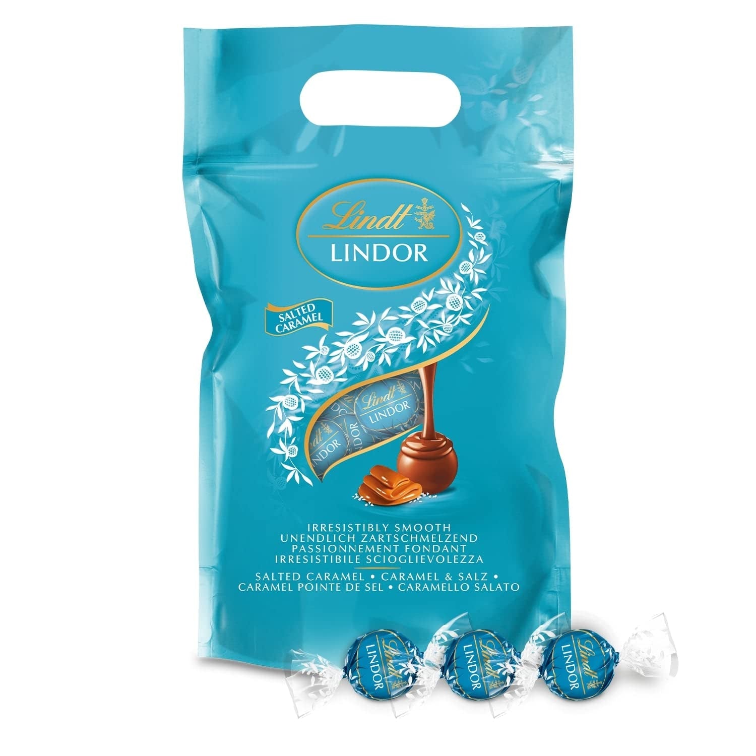 Palline di cioccolato LINDOR con caramello salato | ca. 80 palline di cioccolato al latte con ripieno di caramello salato | Confezione sfusa e palline di cioccolato Marc de Champagne | 700 g