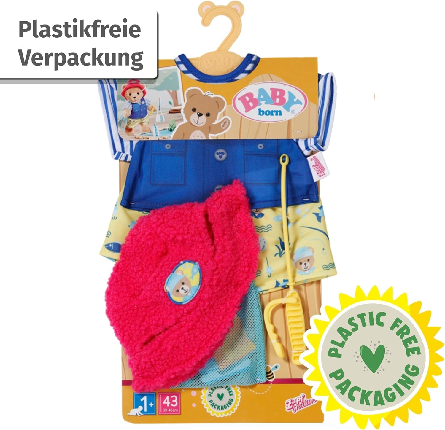 Costume da pescatore Teddy Baby Born con canna da pesca per bambole da 43 cm e orsacchiotto, 835982 Zapf Creation