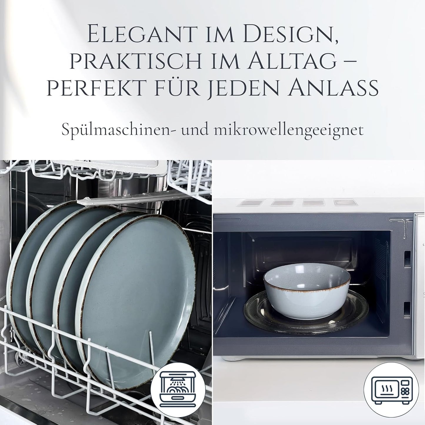 Steingut Geschirrset 6 Personen Rustico 24 tlg. TESTSIEGER, Hochwertiges Landhaussttil Steingut Geschirr Set, Schüssel- und Teller Set, Tafelservice 6 Personen, Geschirrsets Pure Living in Rauchblau