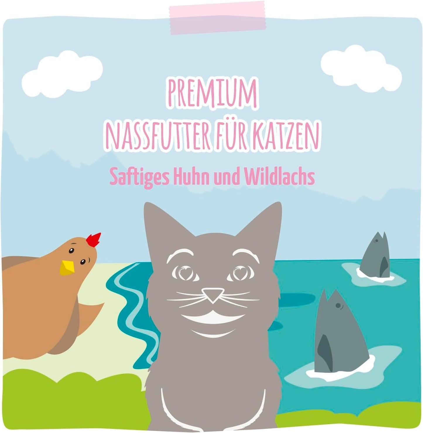 MjAMjAM - Alimento umido premium per gatti - Pollo succoso e salmone selvatico, confezione da 6 (6 x 400 g) senza cereali con carne extra