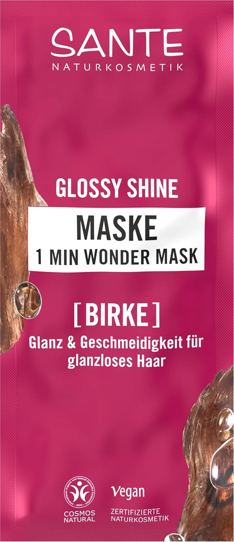 SANTE Naturkosmetik Glossy Shine 1 Min Wonder Mask, cura profonda per capelli opachi con estratto di foglie di betulla biologica e complesso proteico 3x per 3 volte più lucentezza e morbidezza, vegano, 20ml Naty Shop Hair Mask Default Title