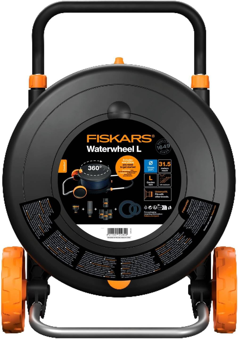 Ruota idraulica Fiskars Comfort L con ruote, set di irrigazione all-inclusive, portata totale di 31,5 m, avvolgimento automatico, tubo da giardino universale (Ø 13 mm), attacco per rubinetto universale, 1071670