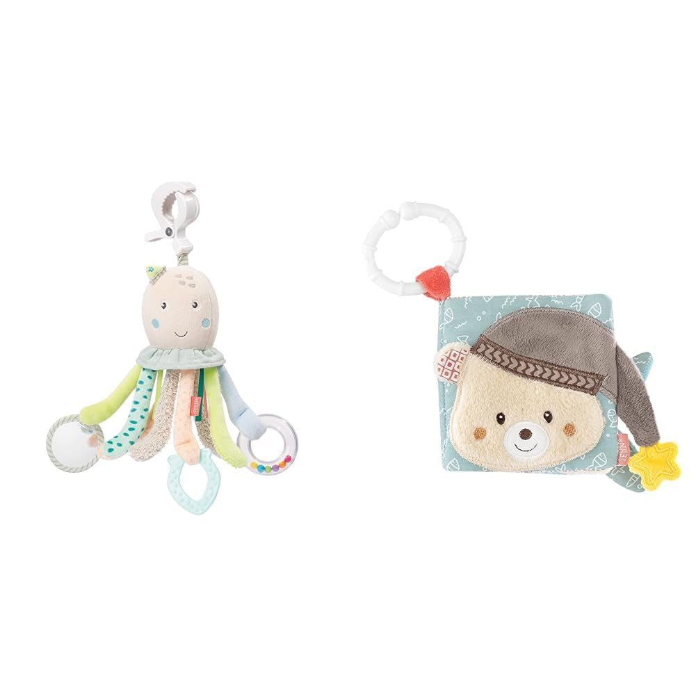 Fehn Octopus Giocattolo attività - Giocattolo per abilità motorie per bambini per passeggini e brillanti partenze, Oball, Sonaglio con palline per camminare, Giocattolo interattivo per bambini Bebe Toys Naty Shop Octopus Touch Book Pack