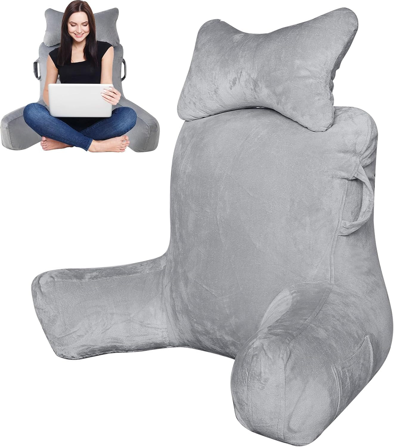 Cuscino da lettura per adulti nel letto, schienale extra large da 90 x 80 cm (LxA) per la lettura con supporto per il collo e braccio di supporto rimovibili, comodo cuscino da lettura per letto, divano o schienale da pavimento