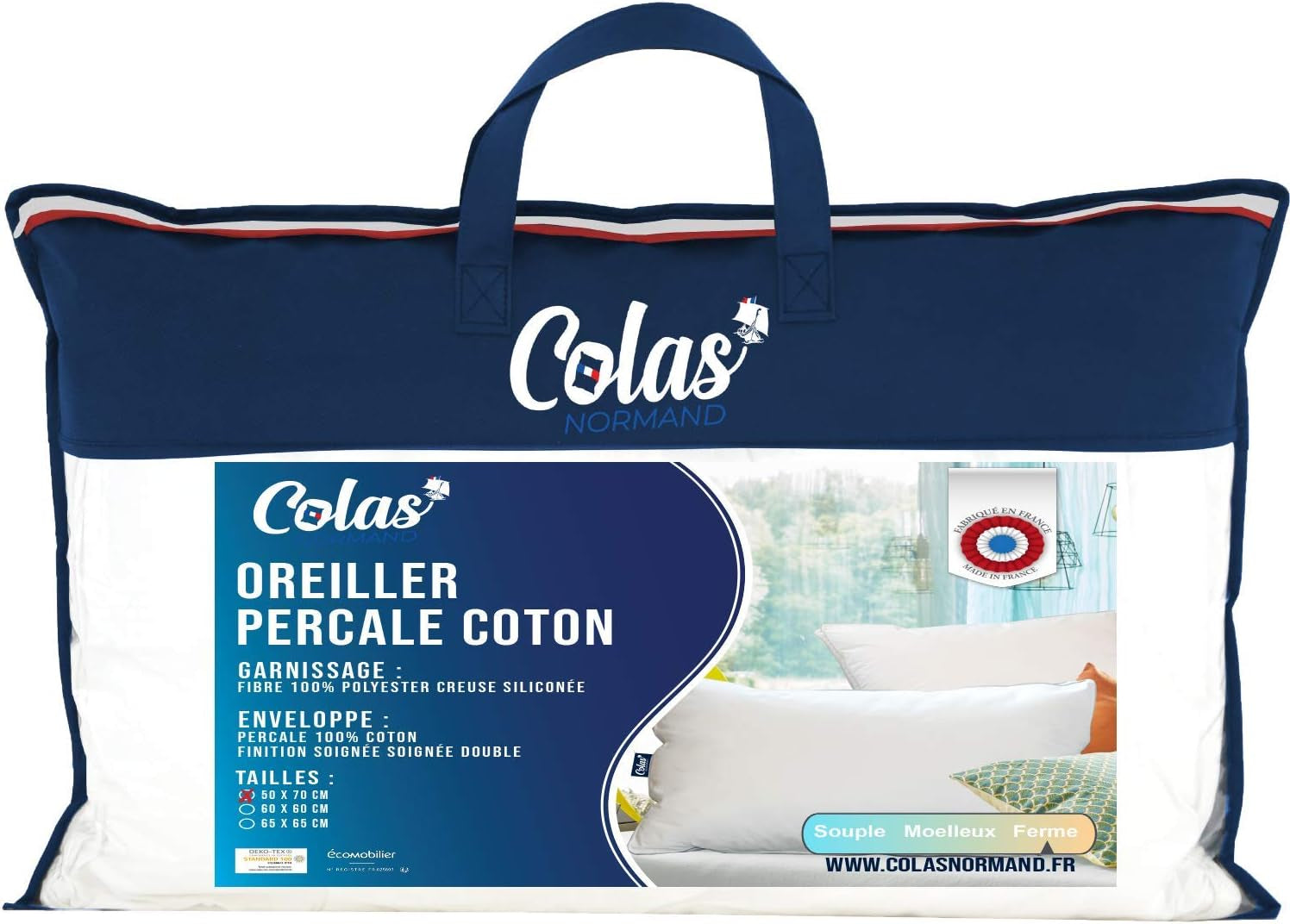 Cuscino, Cotone, Percalle, 50 X 70 Cm, Finitura Fine, Comfort, Percalle, 100% Cotone, Alta Qualità, Morbido, Fatto in Francia, Bianco 73130220 Naty Shop Cuscini Standard Titolo predefinito
