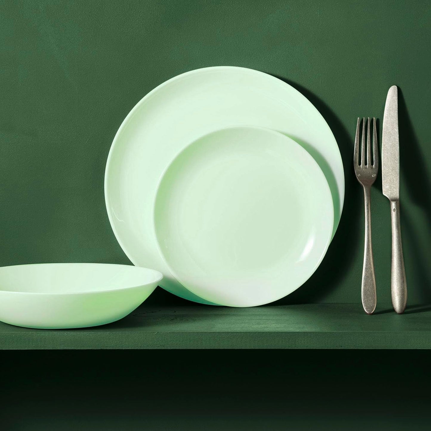 Servizio da tavola in vetro opalino, verde, 12 pezzi, per 4 persone