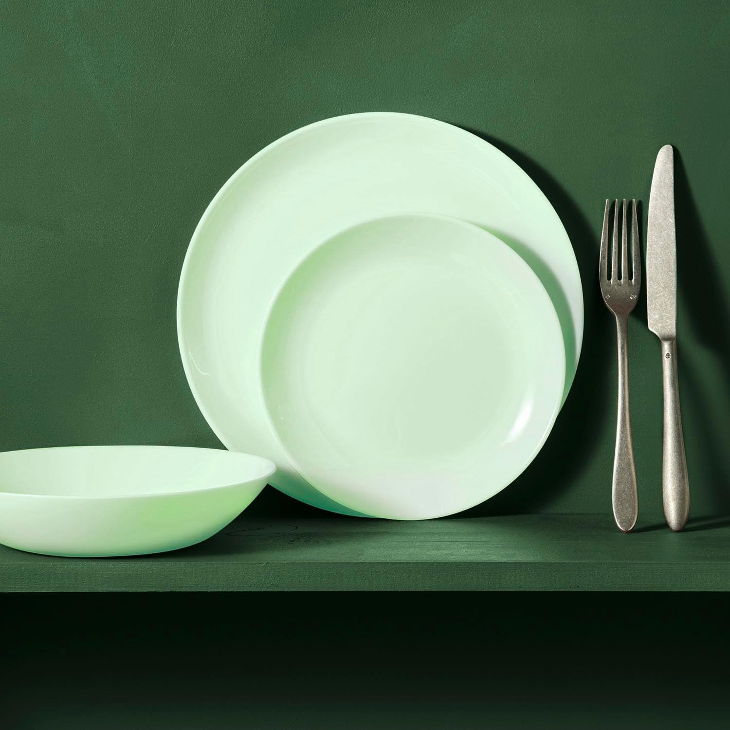Servizio da tavola in vetro opalino, verde, 12 pezzi, per 4 persone