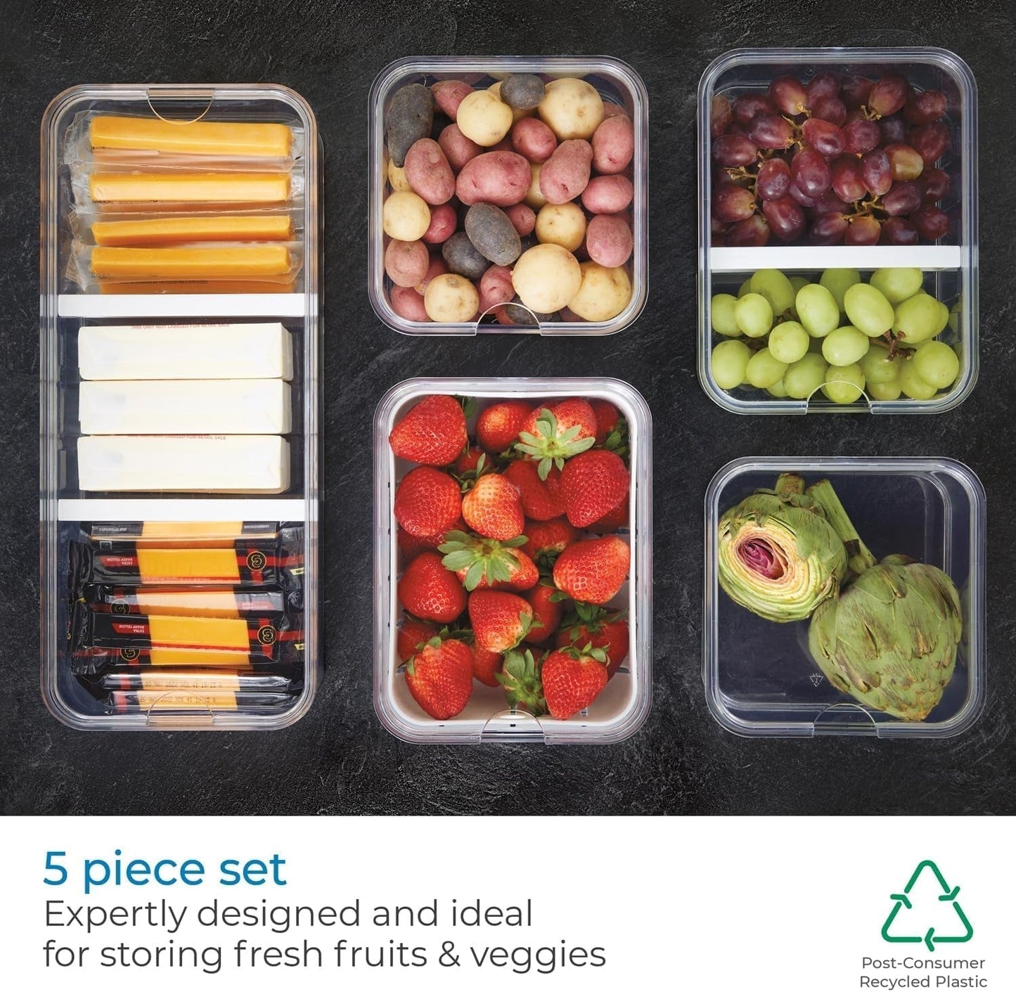 iDesign Scatole portaoggetti, Organizer per frigorifero con coperchio in set da 5, Scatole portaoggetti in plastica riciclata per organizzare i materiali di consumo, Scatole portaoggetti Naty Shop trasparenti e bianche