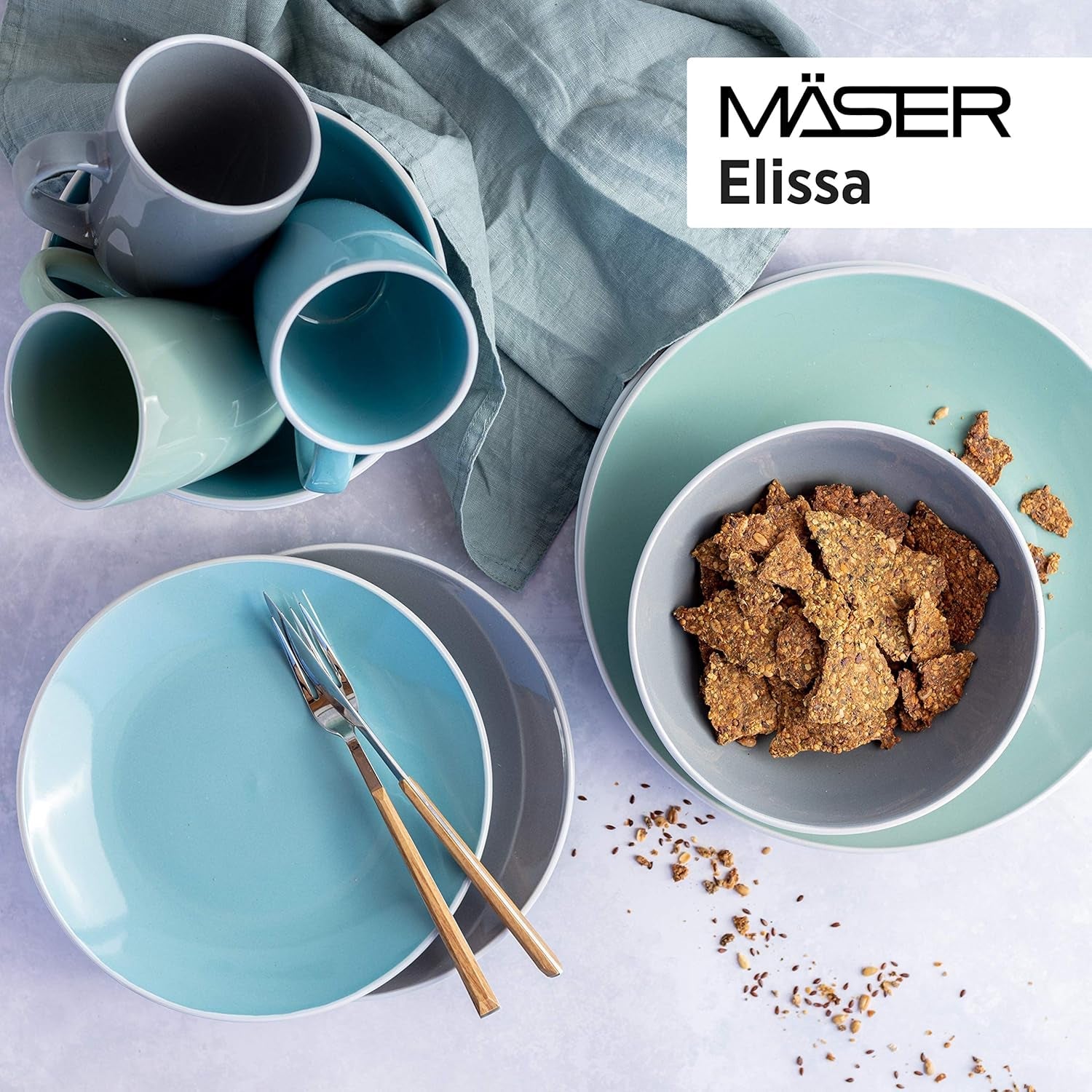 MÄSER 931844 Set di stoviglie moderne serie Elissa per 6, blu con bordo bianco, set combinato da 24 pezzi, ceramica