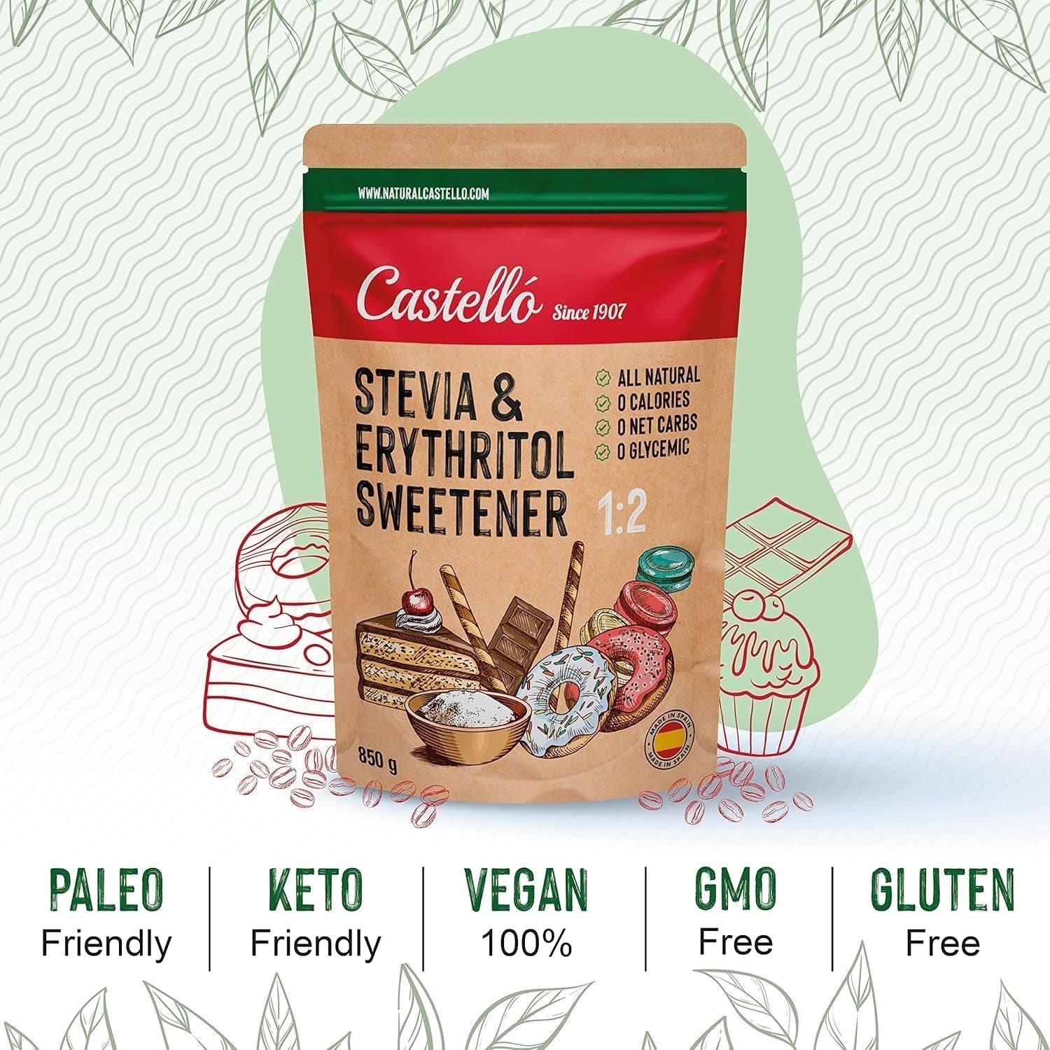 Stevia + eritritolo 1:2 sostanza nutriente | 1G = 2GZucker | 100% Zuckerersatz naturale - 0 Kalorien - 0 Glykämischer Index - Keto und Paleo - 0 Netto-Kohlenhydrated - Kein GVO - Castello since 1907 - 850 G Dolcificanti Naty Shop