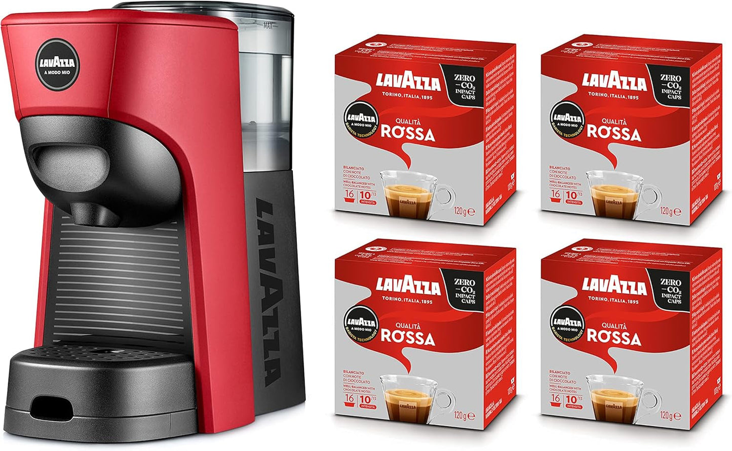 Lavazza, Espressore A Modo Mio Tiny Eco Rosso con 64 capsule, Espressore in plastica riciclata, 1450 W, 220-240 V, 50/60 Hz, 0,6 litri