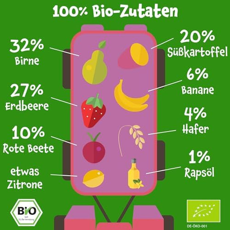 Pumpkin Organics buste di verdure e cereali biologici, confezione da 8: Pera, Fragole, Patate dolci, Barbabietola rossa, Banana, Avena - Senza zuccheri aggiunti¹ - Dai 6 mesi - come spuntino o alimento complementare nella confezione (8 x 100g)