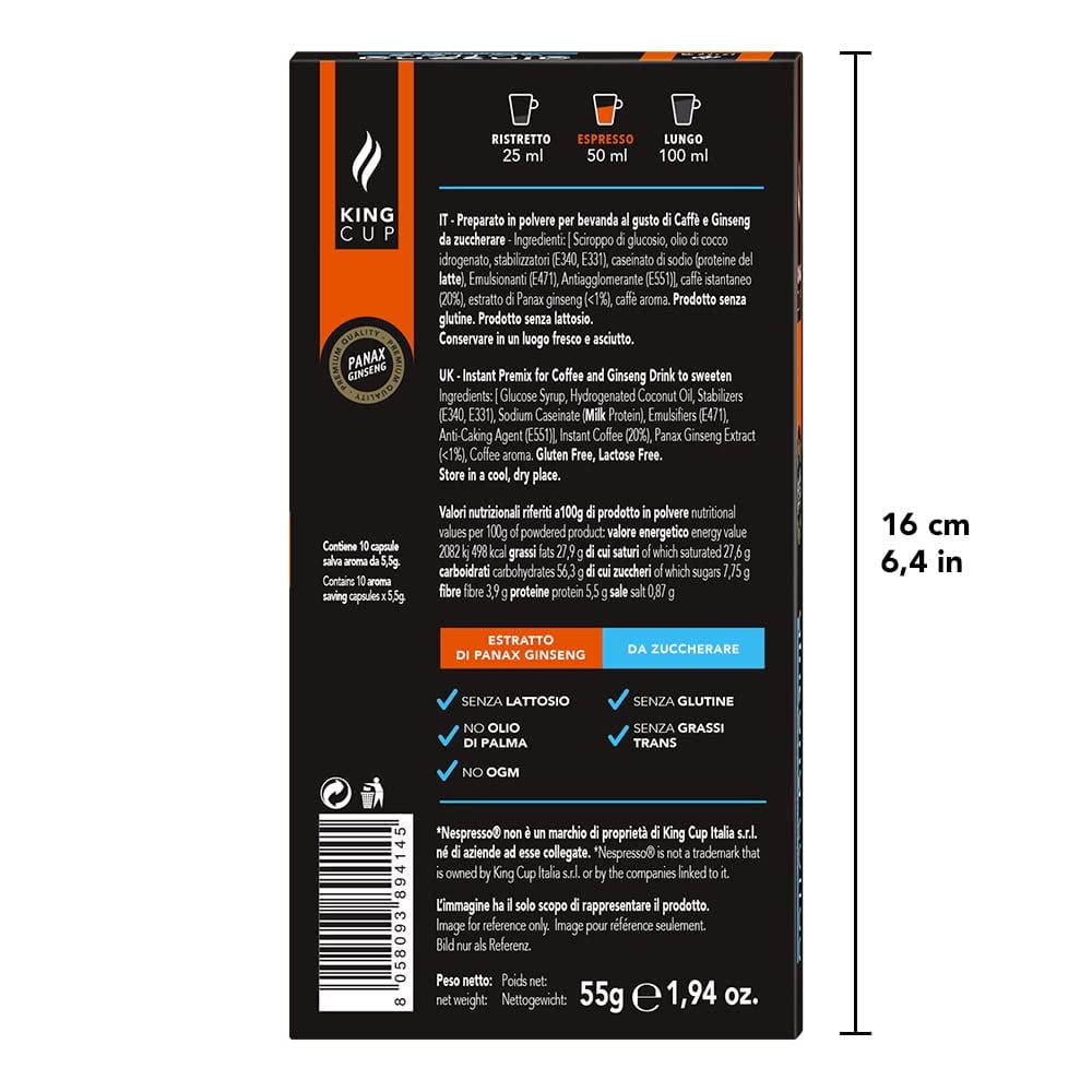 - 5 confezioni con 10 capsule di ginseng Zuckerfreier, 50 capsule compatibili al 100% con il sistema Nespresso di Ginseng Drink, senza glutine e senza lattosio.