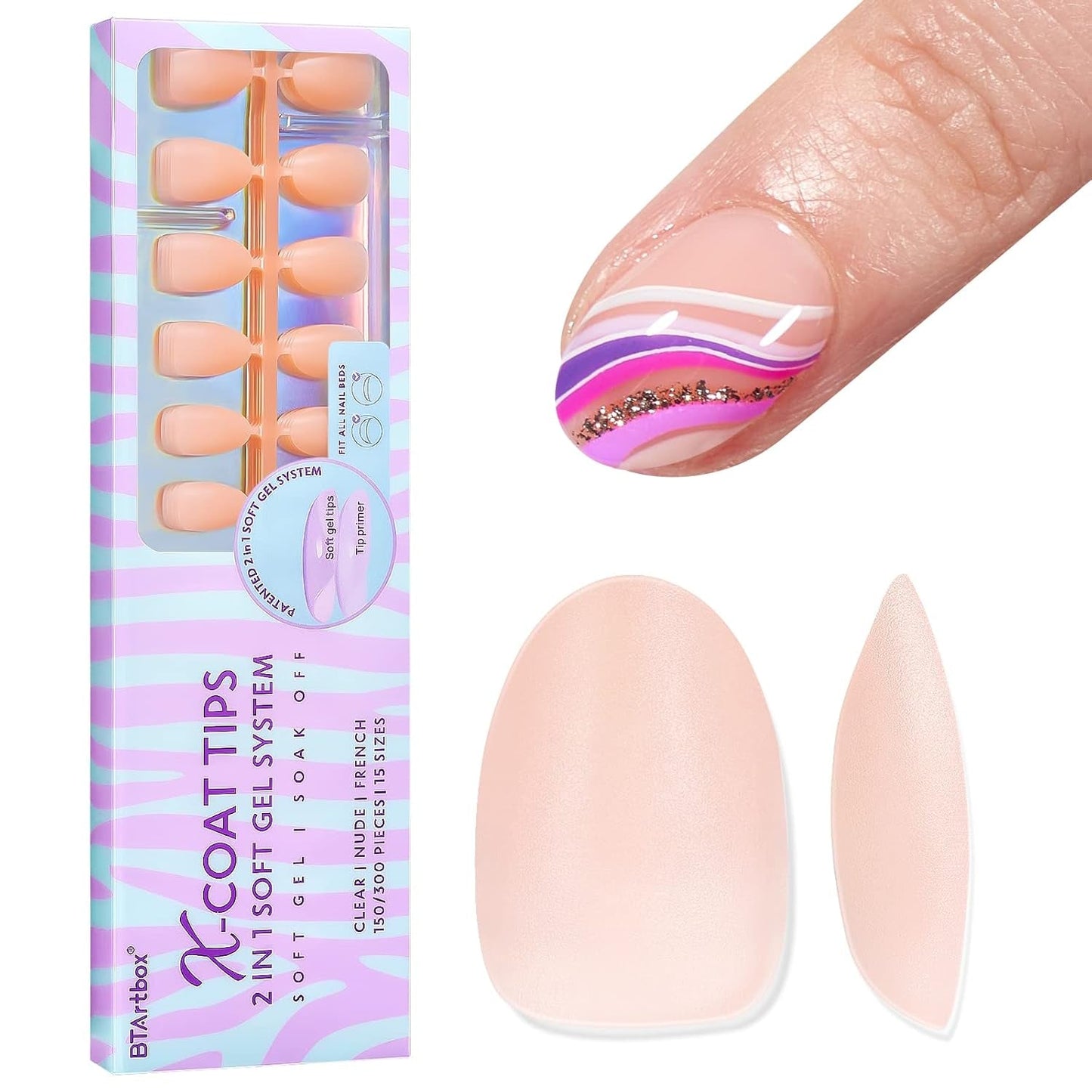 Btartbox Unghie in gel morbide extra corte Mandorla a copertura totale Punte per unghie corte 160 pezzi XCOATTIPS Unghie artificiali pre-progettate Punte per unghie corte a mandorla per estensioni delle unghie