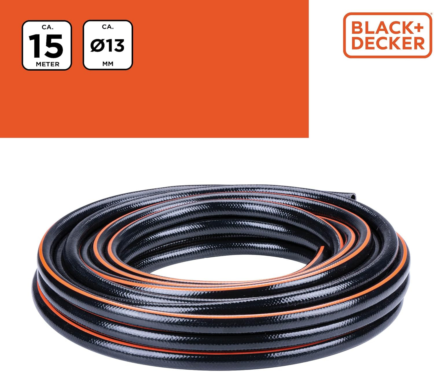 BLACK+DECKER Tubo da Giardino 15 metri - Ø13MM - PVC resistente - Irrigazione del giardino, lavaggio dell'auto, riempimento della piscina - Compatibile con qualsiasi rubinetto standard - Nero/Arancione