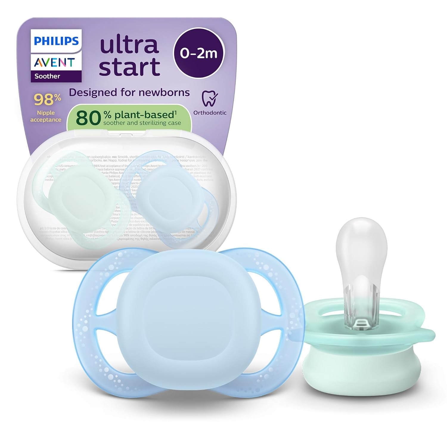 Philips AVENT Ciuccio Ultra Start Night, Ciuccio ortodontico per neonati, Si illumina al buio, Senza BPA, con contenitore per sterilizzazione, Confezione doppia, Luna, Stella, SCF075/07