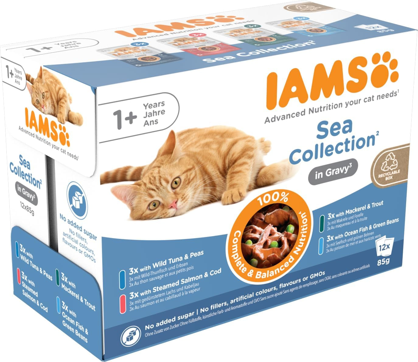 IAMS Delights Sea Collection Katzenfutter Nass - Confezione multipla con varietà di pesce (Lachs, Thunfisch, Mackerel, Seefisch) in salsa, Nassfutter für Katzen da 1 anno, 12 x 85g