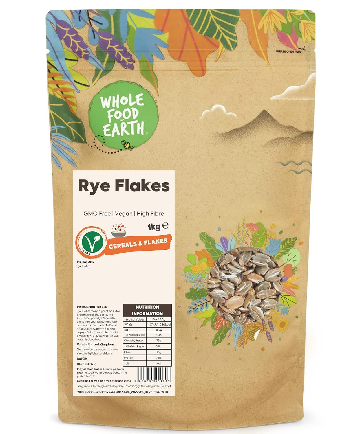 Fiocchi di segale Wholefood Earth - non OGM - vegan - senza latticini - senza zuccheri aggiunti, 1 kg