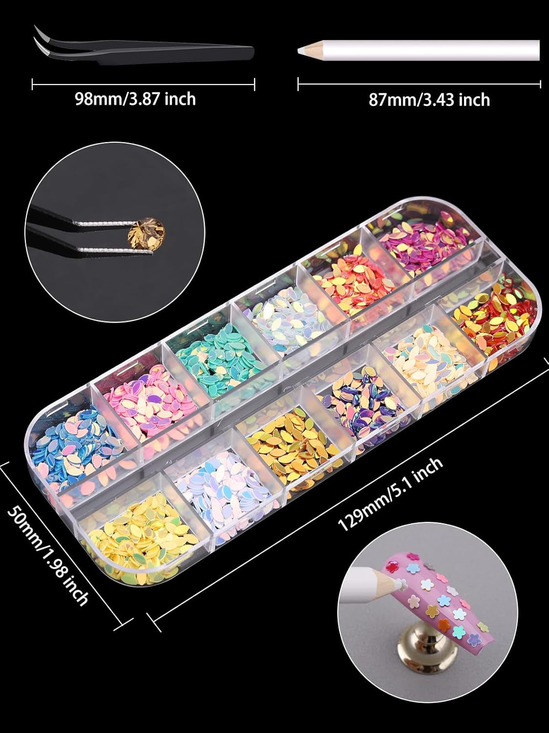 EBANKU Nail Art Strass Kit Multi Design Zubehör Mit 1 Pinzetten 1 Stück Wachsstifte Deko Diamondn Kristalle Perlen Edelsteine ​​​​Bunt Pferdeaugen Strass Metall Nieten Für Nagel DIY (1 Stück (10Er Pack))