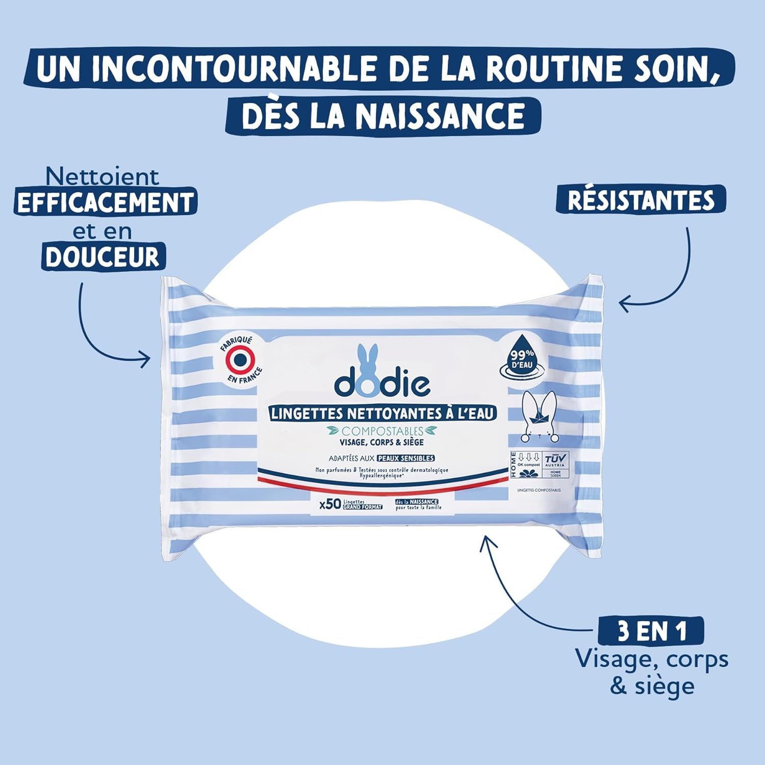 Confezione da 8 confezioni di salviette detergenti compostabili con acqua, 50 pezzi