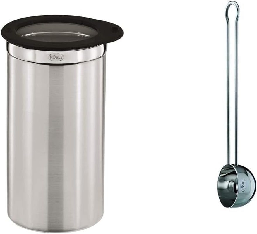 Scatola da caffè RÖSLE con coperchio, acciaio inossidabile 18/10, 10 cm e dosatore per caffè, cucchiaino da caffè di alta qualità per un facile dosaggio del caffè macinato, acciaio inossidabile 18/10, 17 x 3,7 x 2,7 cm, argento Scatole per alimenti Naty Shop Confezione Formato latta
