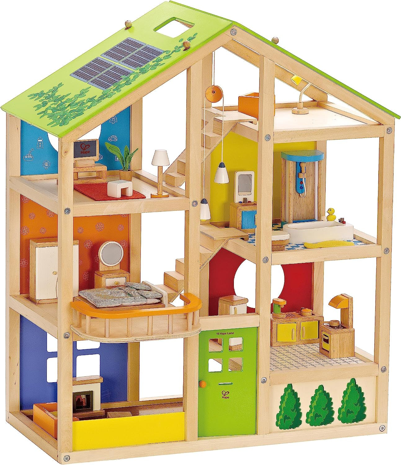 Casa delle bambole in legno Hape Four Seasons Pluripremiata casa delle bambole a tre piani con mobili, accessori, scale mobili e tetto reversibile per ogni stagione Case delle bambole Naty Shop Casa delle quattro stagioni (arredata)