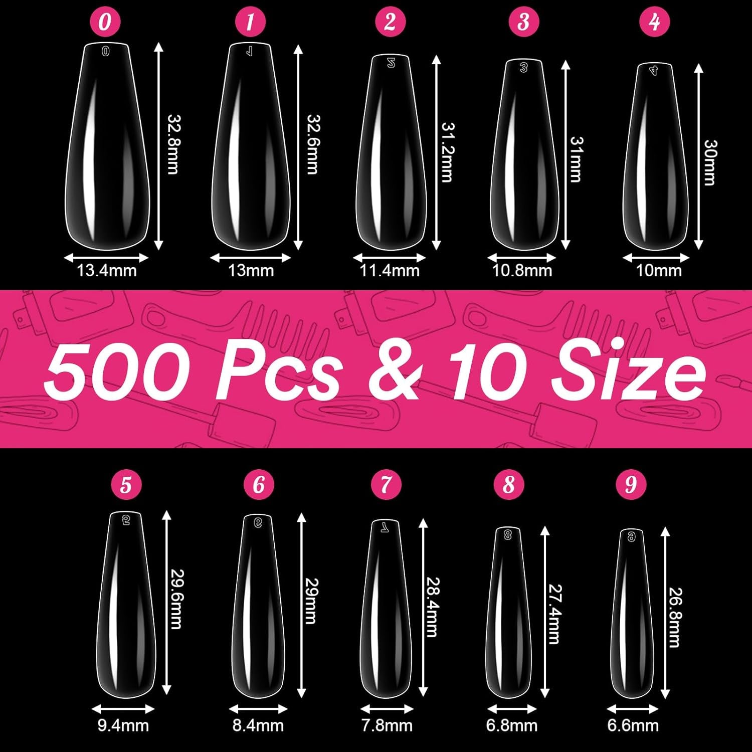 Alyvisun Punte per Unghie Balletto, 500 Punte per Unghie Acriliche a Copertura Completa con Set di 240 Adesivi per Unghie, 10 Dimensioni Punte per Unghie in Gel Trasparente Punte per Unghie in Gel Morbido Punte per Unghie Ballerina
