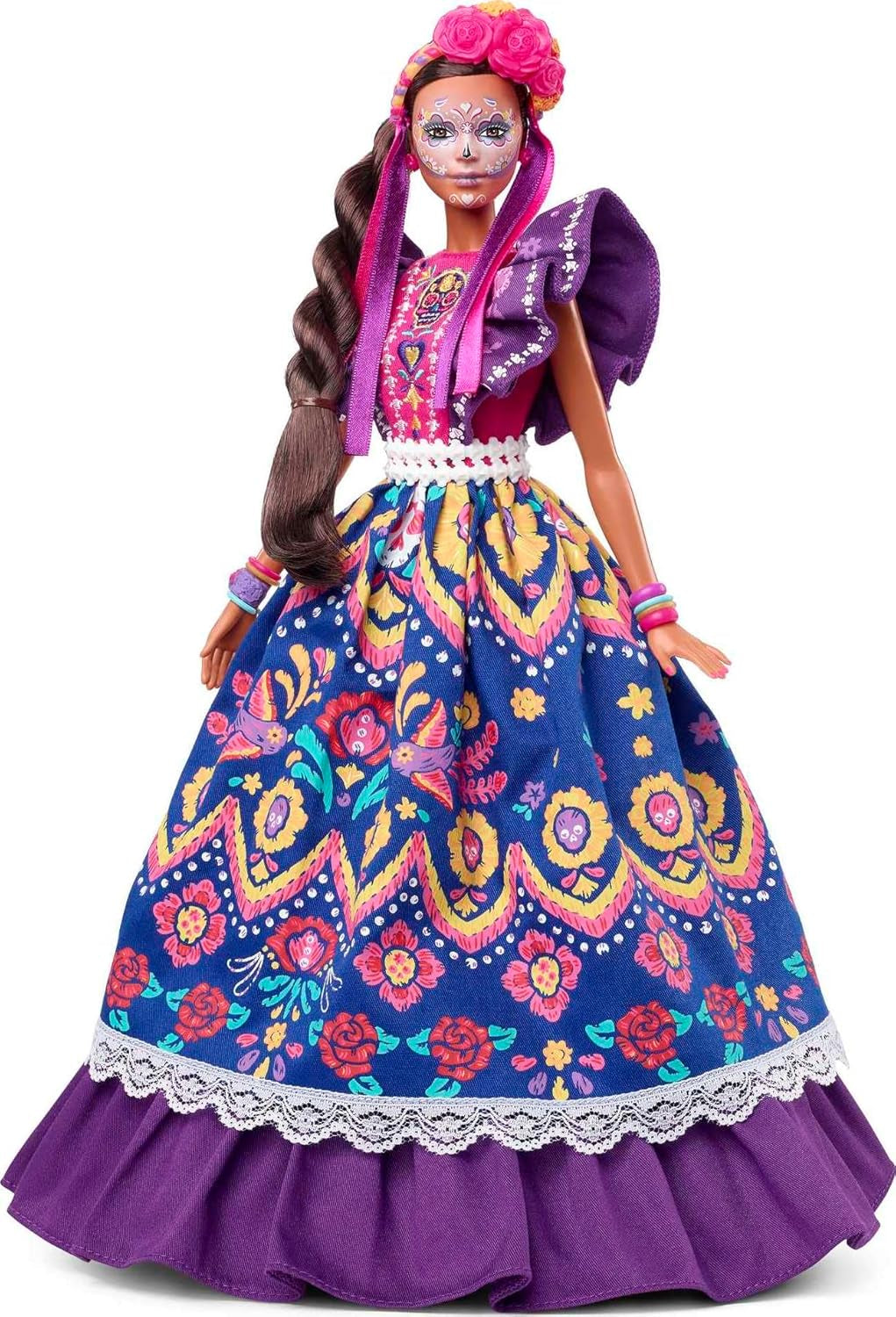 Bambola Barbie Día De Muertos 2022 con abito tradizionale arricciato, ghirlanda di fiori e pittura per il viso Calavera, regalo per collezionisti