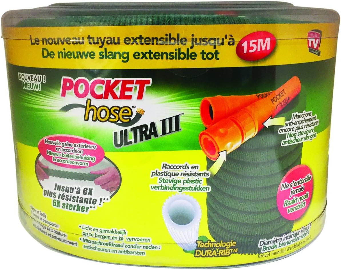 Tubo da giardino retrattile Pocket Hose Ultra 3 Tubo da giardino in nylon verde da 15 m