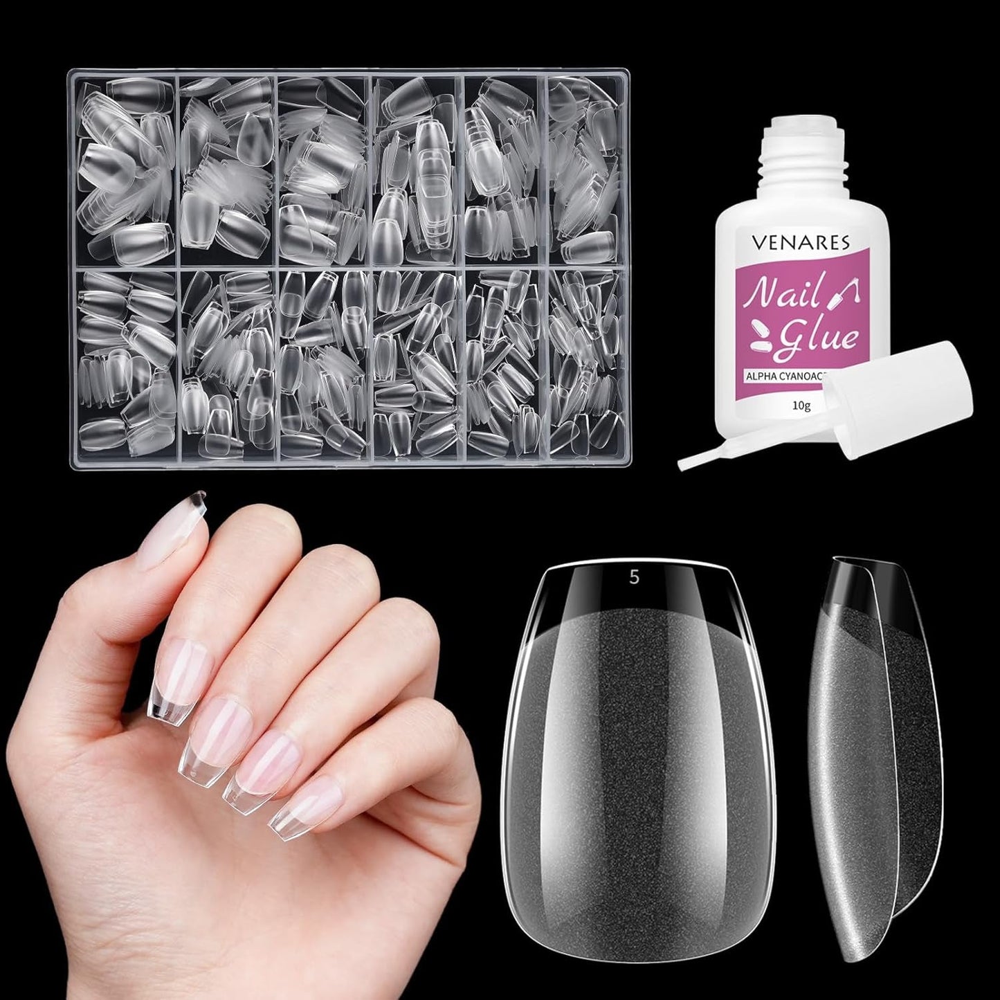 Unghie finte corte Ballerina 500 pezzi Colla su 12 misure Unghie artificiali Punte per unghie corte in gel morbido con copertura completa per unghie in gel Corte S