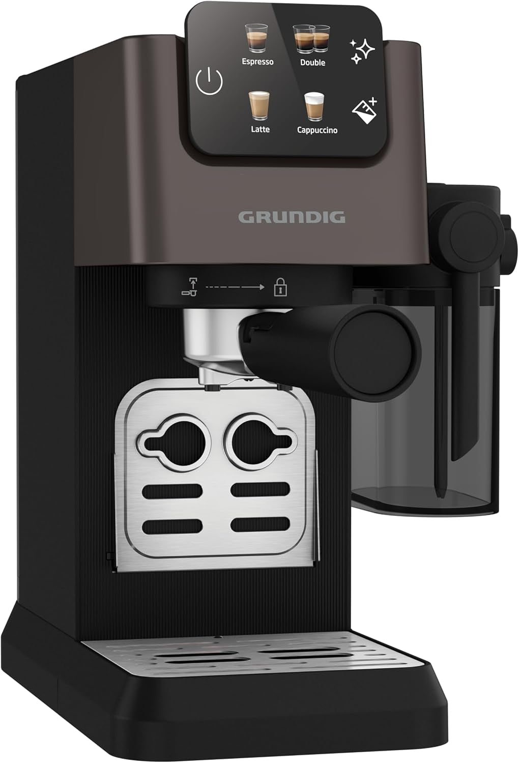 Macchina per caffè espresso portafiltro GRUNDIG KSM 5330 con contenitore del latte integrato, potenza 1628 W, pressione della pompa 15 bar, doppio ugello, display touch a colori, BrewSense, CreamyPro, Acciaio inossidabile scuro/Nero